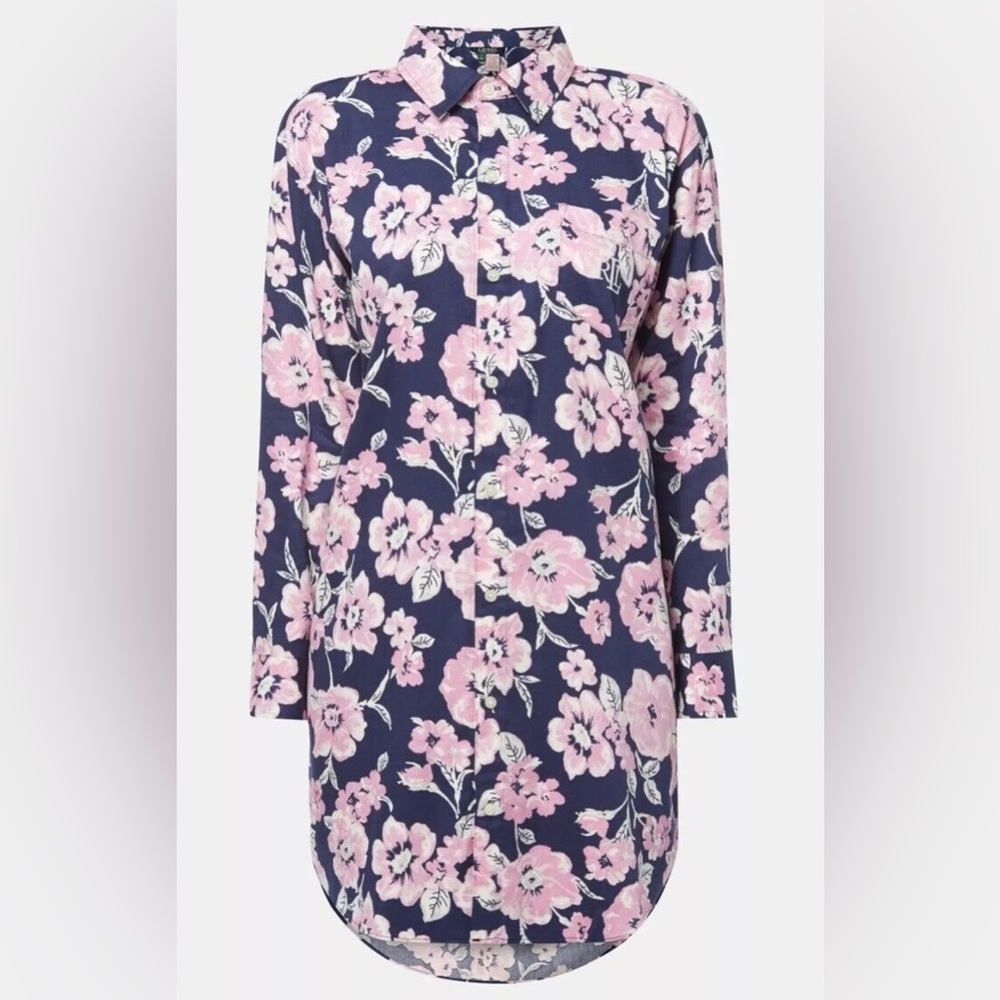 LRL Ralph Lauren Sz M Monogram Blue Pink Floral Button Up Nightgown MN152 - Picture 3 of 7